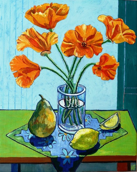 ALYN FENN ~ California Poppies, Lemons & Pears - oil on canvas - €350