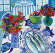 ALYN FENN ~ Anemones & Mackerel - oil on canvas - 100 x 100 cm  - €825