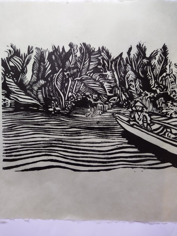 ADRIENNE SYMES - On The Mekong River - woodblock - €320