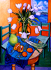 ALYN FENN ~ Tulips, Scallions and Two Green Chairs - Oil on canvas