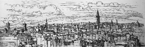 BRIAN LALOR ~ Strumpet City in the sunset, etching, 2013